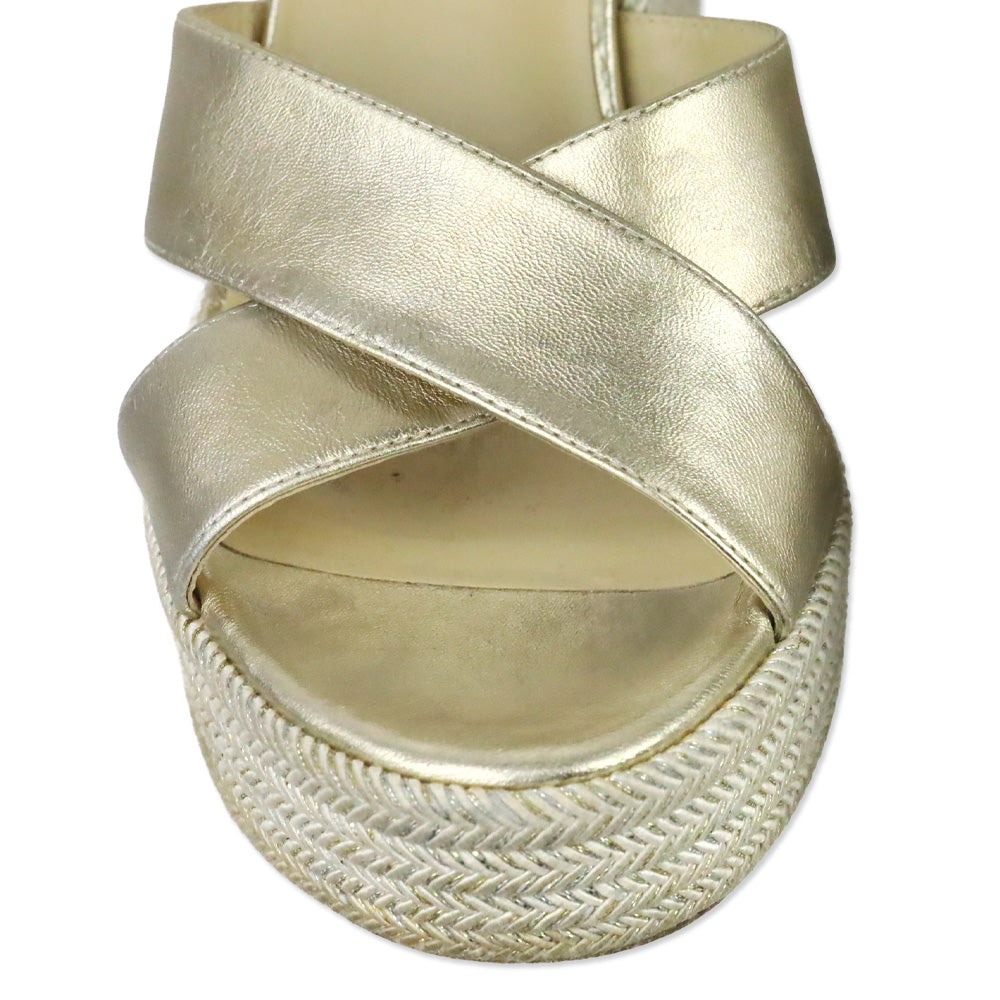 Jimmy Choo Champagne Nappa Leather Wedge Dellena 100 Sandals with Metallic Rope Thread