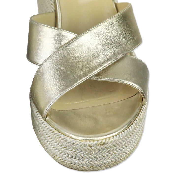 Jimmy Choo Champagne Nappa Leather Wedge Dellena 100 Sandals with Metallic Rope Thread