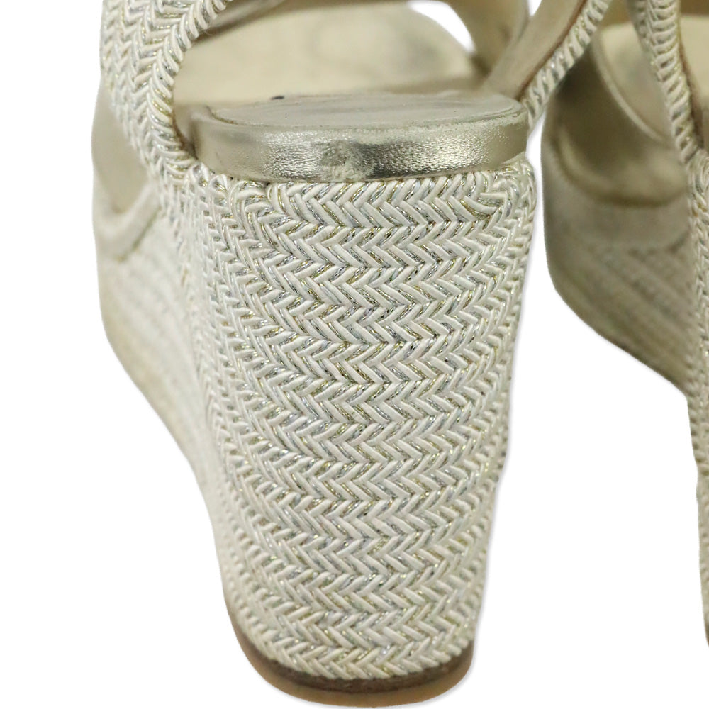 Jimmy Choo Champagne Nappa Leather Wedge Dellena 100 Sandals with Metallic Rope Thread