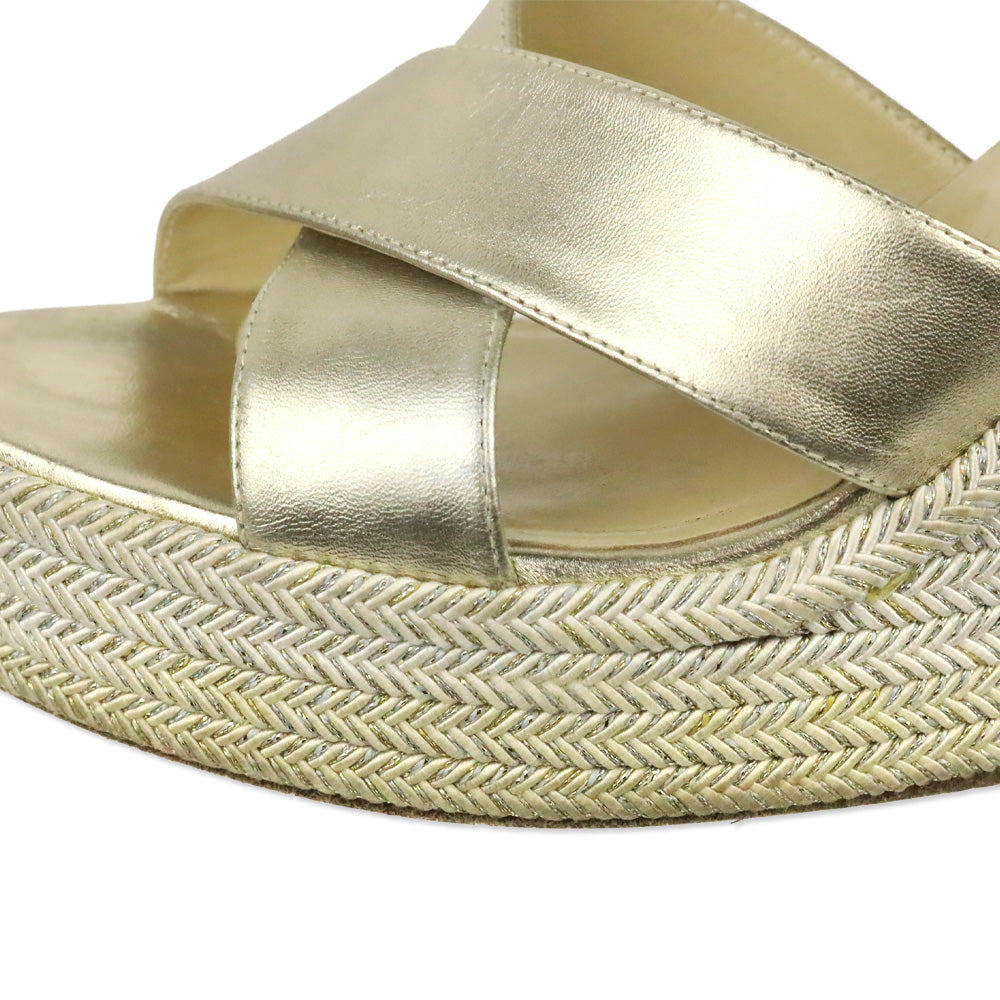 Jimmy Choo Champagne Nappa Leather Wedge Dellena 100 Sandals with Metallic Rope Thread