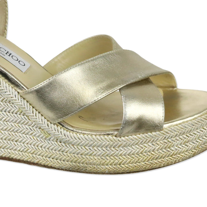 Jimmy Choo Champagne Nappa Leather Wedge Dellena 100 Sandals with Metallic Rope Thread