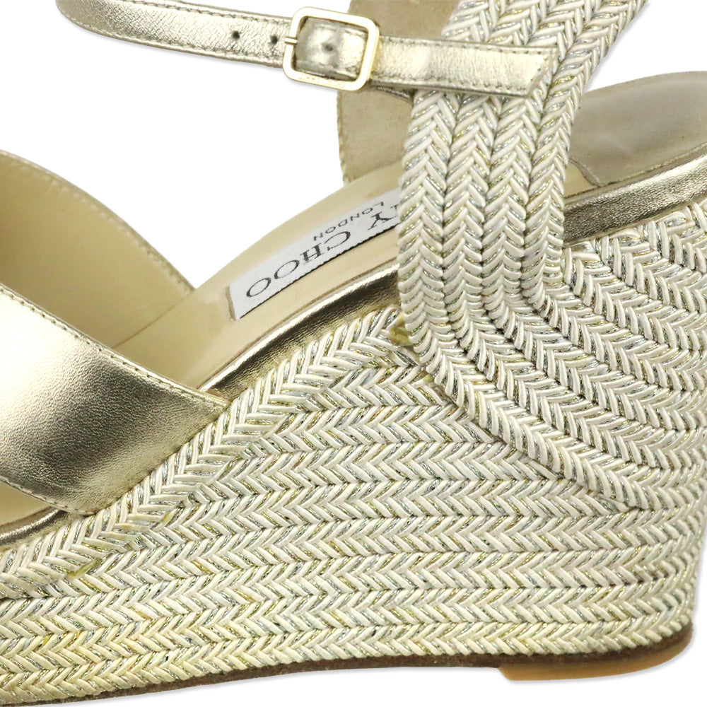 Jimmy Choo Champagne Nappa Leather Wedge Dellena 100 Sandals with Metallic Rope Thread