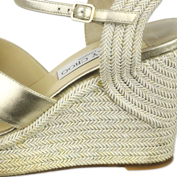 Jimmy Choo Champagne Nappa Leather Wedge Dellena 100 Sandals with Metallic Rope Thread