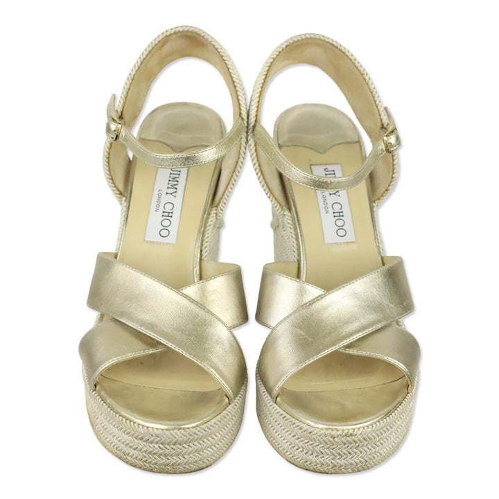 Jimmy Choo Champagne Nappa Leather Wedge Dellena 100 Sandals with Metallic Rope Thread