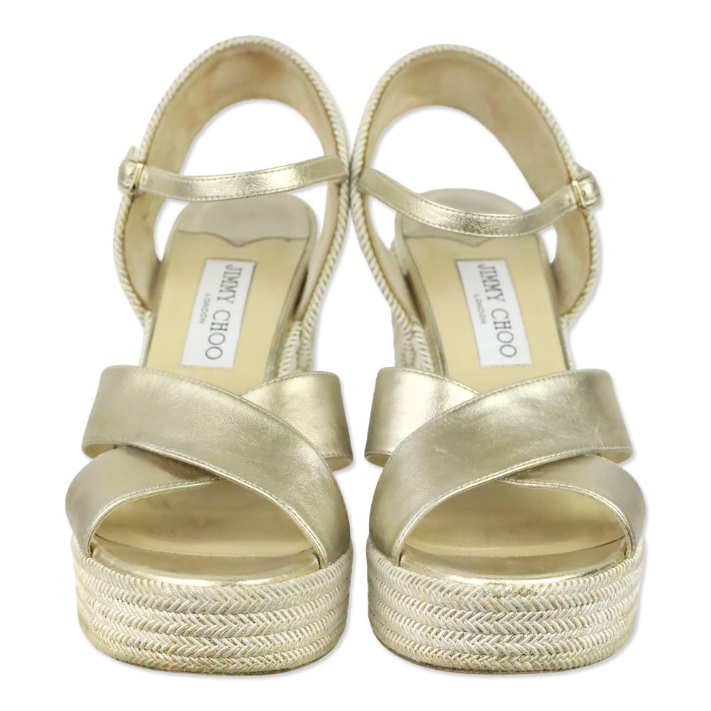 Jimmy Choo Champagne Nappa Leather Wedge Dellena 100 Sandals with Metallic Rope Thread