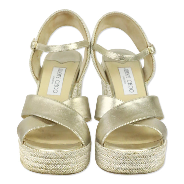 Jimmy Choo Champagne Nappa Leather Wedge Dellena 100 Sandals with Metallic Rope Thread