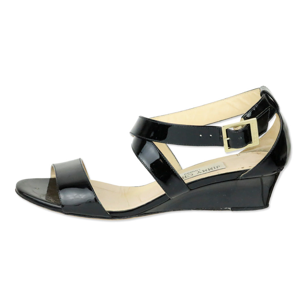 Jimmy Choo Connor Black Patent Leather Low Wedge Heel Sandals