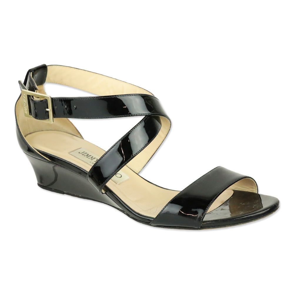 Jimmy Choo Connor Black Patent Leather Low Wedge Heel Sandals