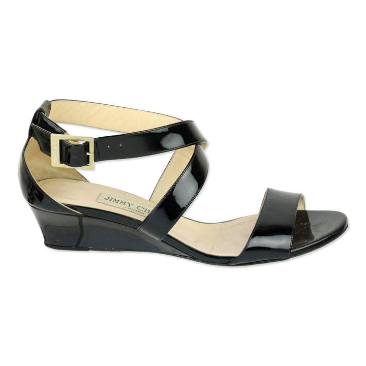 Jimmy Choo Connor Black Patent Leather Low Wedge Heel Sandals