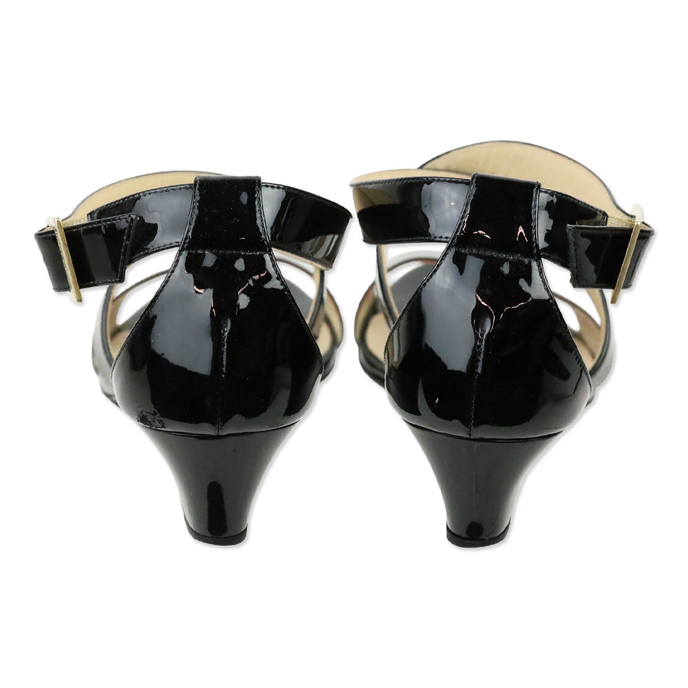 Jimmy Choo Connor Black Patent Leather Low Wedge Heel Sandals