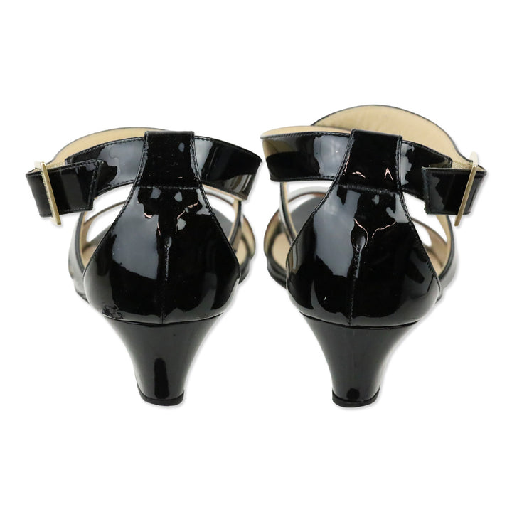 Jimmy Choo Connor Black Patent Leather Low Wedge Heel Sandals