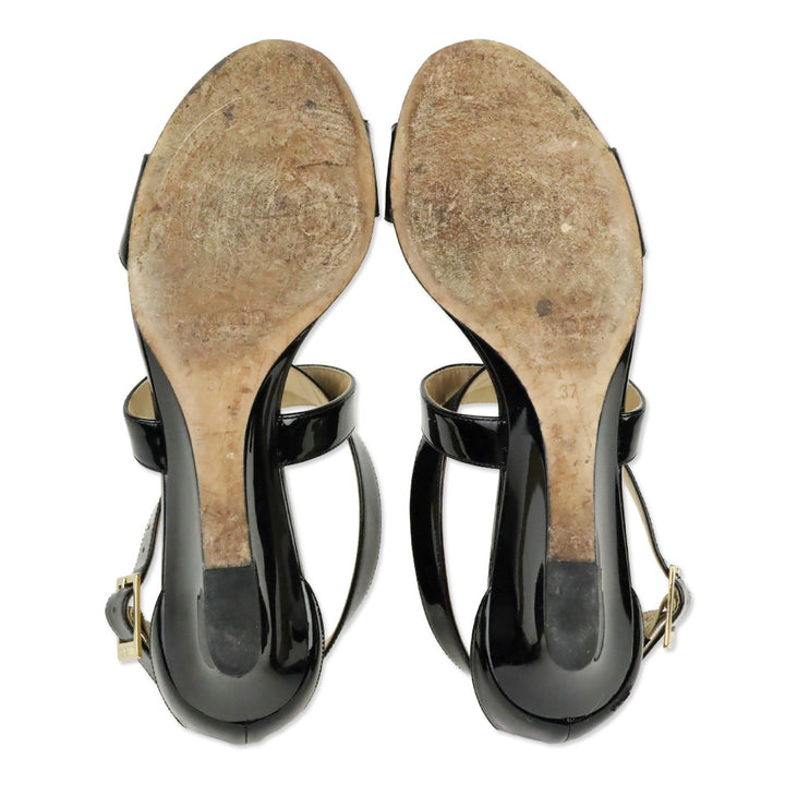 Jimmy Choo Connor Black Patent Leather Low Wedge Heel Sandals