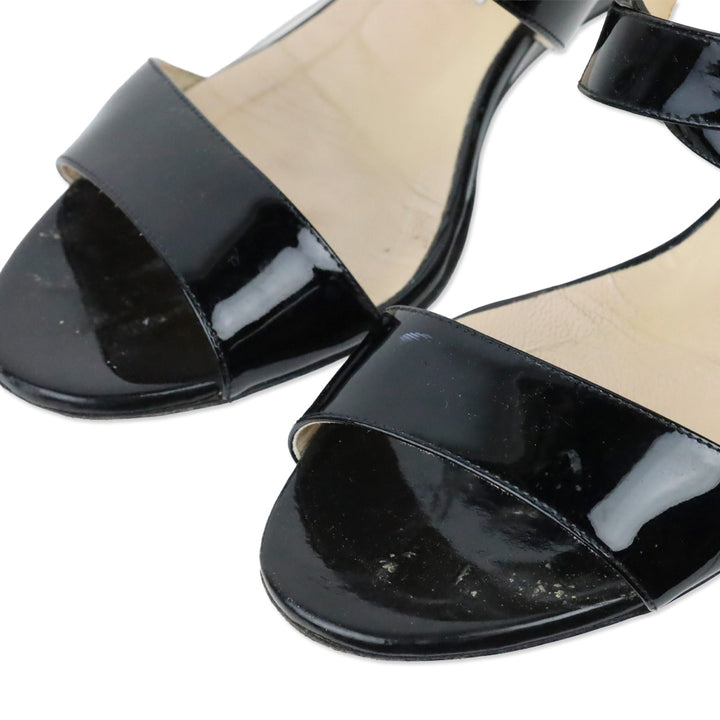 Jimmy Choo Connor Black Patent Leather Low Wedge Heel Sandals