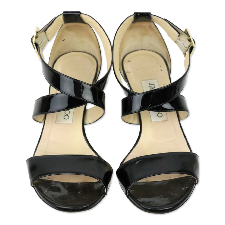 Jimmy Choo Connor Black Patent Leather Low Wedge Heel Sandals