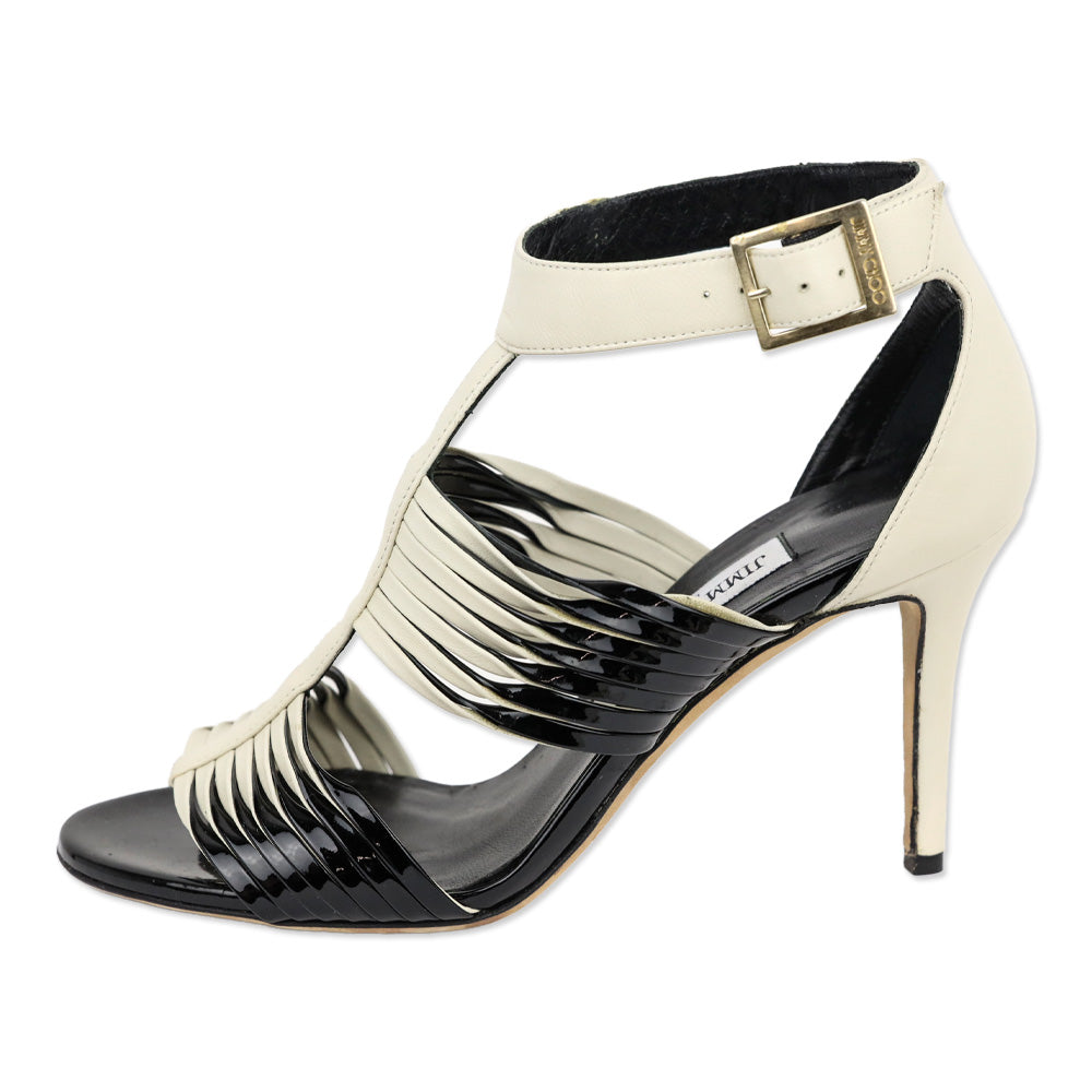 Jimmy Choo Cream Leather and Black Patent Strappy Ankle Sandals
