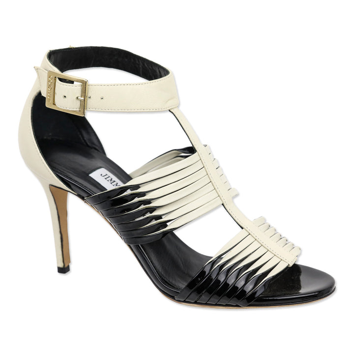 Jimmy Choo Cream Leather and Black Patent Strappy Ankle Sandals
