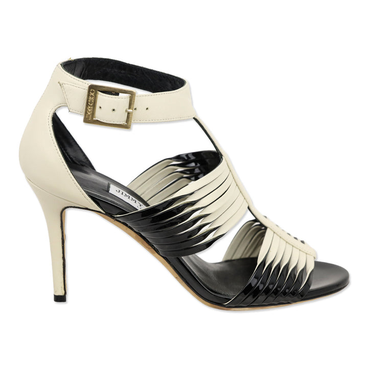 Jimmy Choo Cream Leather and Black Patent Strappy Ankle Sandals
