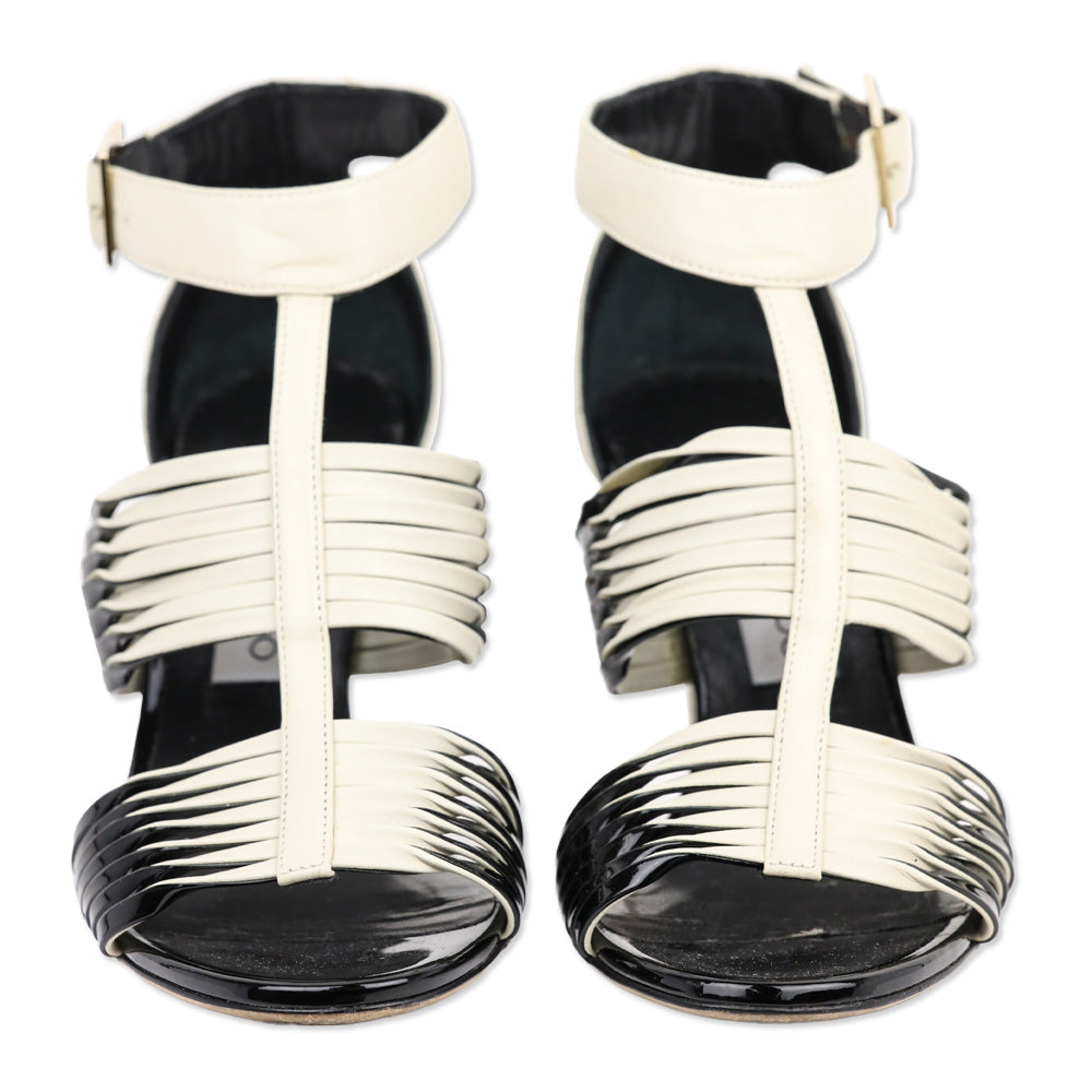 Jimmy Choo Cream Leather and Black Patent Strappy Ankle Sandals