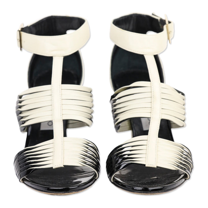 Jimmy Choo Cream Leather and Black Patent Strappy Ankle Sandals