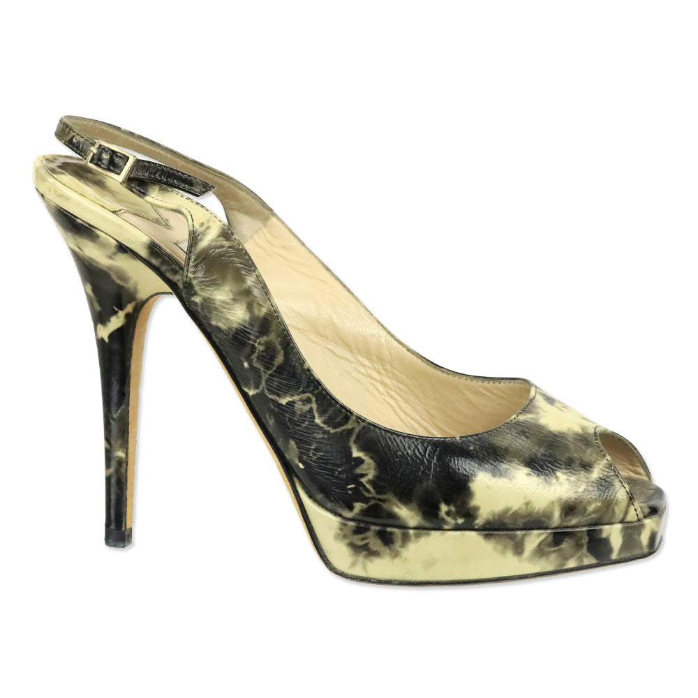 Jimmy Choo Cream/Black Tie Dye Patent Slingback Platform Peep Toe Pump