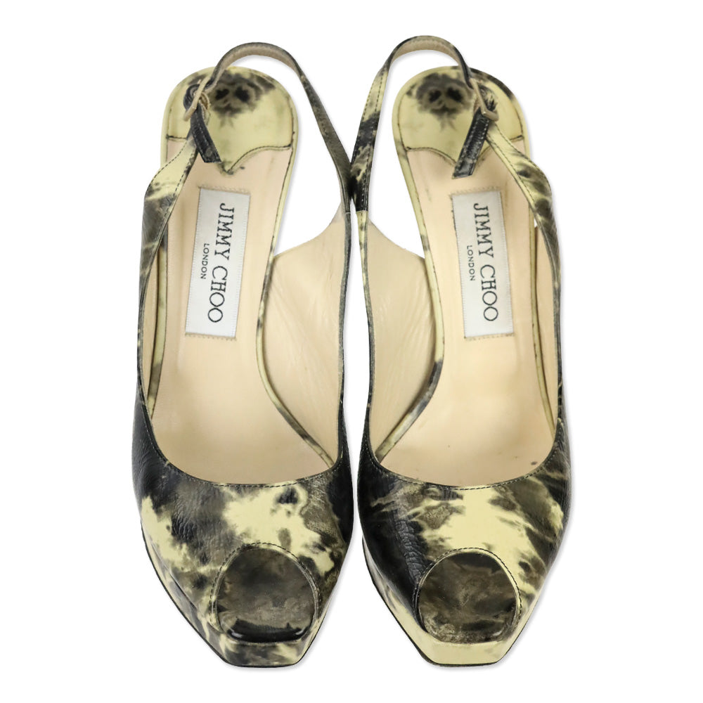 Jimmy Choo Cream/Black Tie Dye Patent Slingback Platform Peep Toe Pump