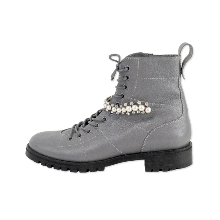 Jimmy Choo Cruz Crystal Embellished Gray Combat Boots