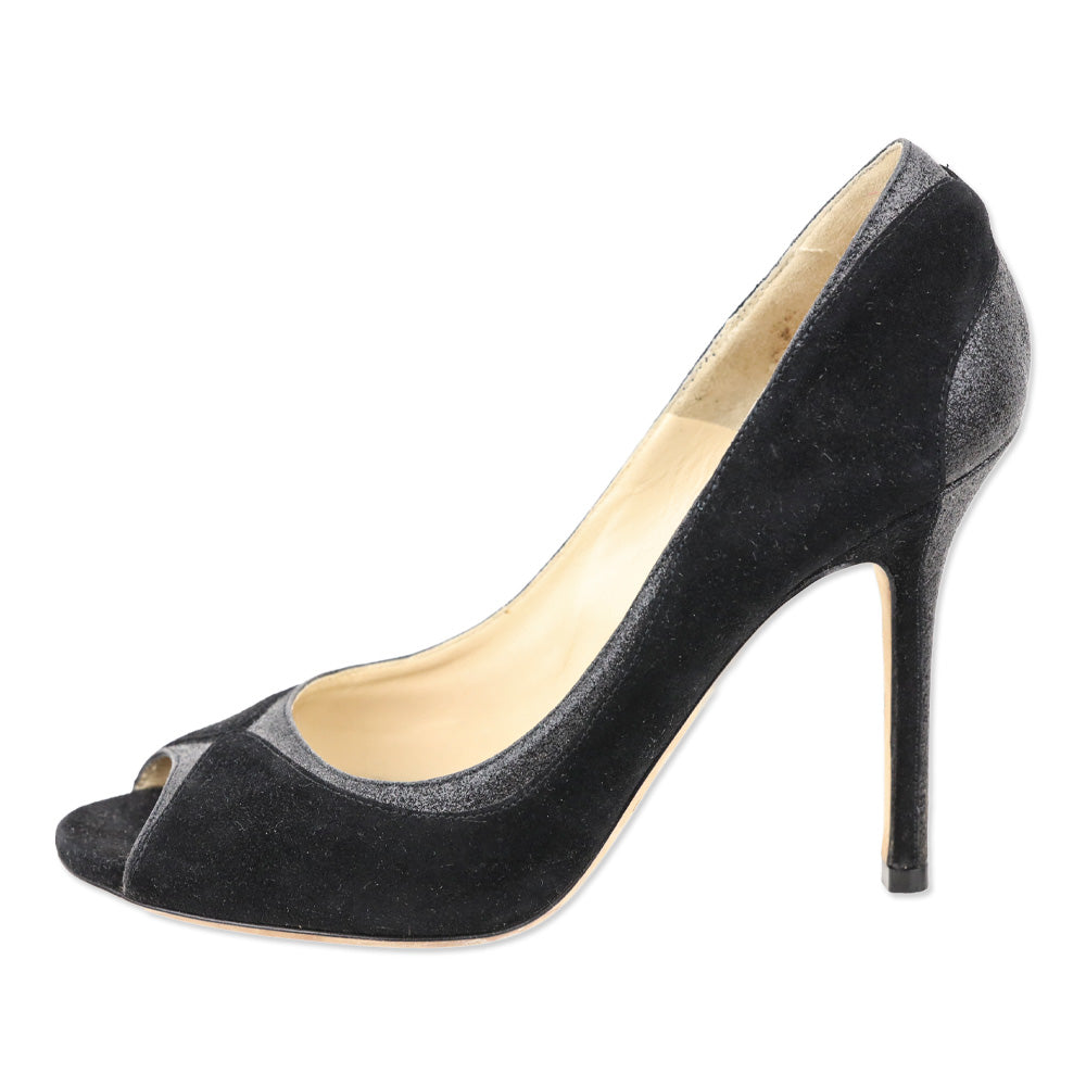 Jimmy Choo Deceive 100 Black Suede Glitter Peep Toe Pumps