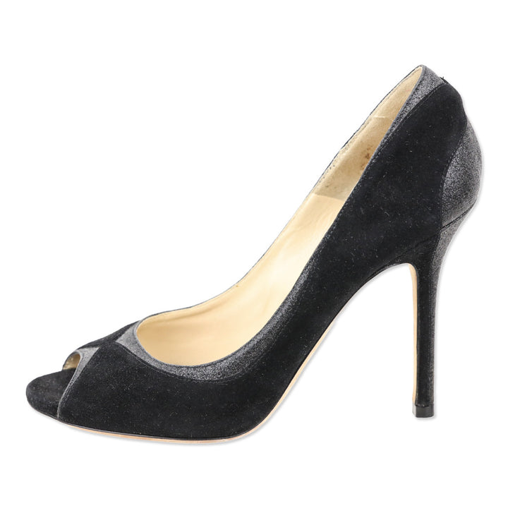 Jimmy Choo Deceive 100 Black Suede Glitter Peep Toe Pumps