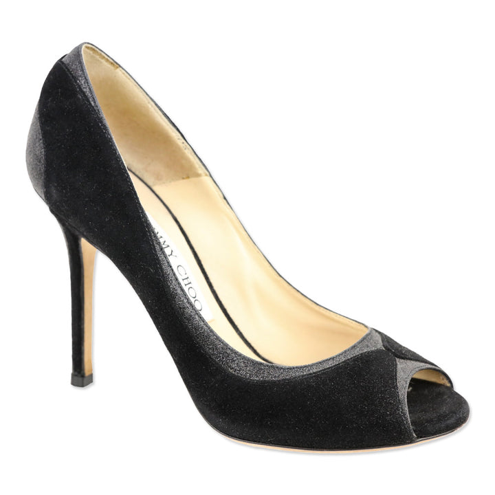 Jimmy Choo Deceive 100 Black Suede Glitter Peep Toe Pumps