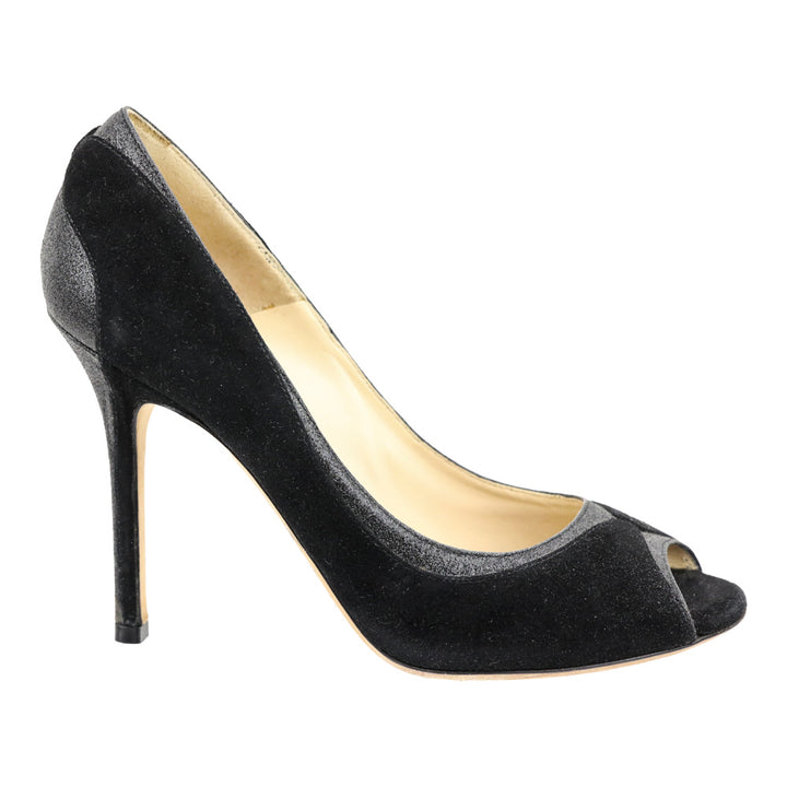 Jimmy Choo Deceive 100 Black Suede Glitter Peep Toe Pumps