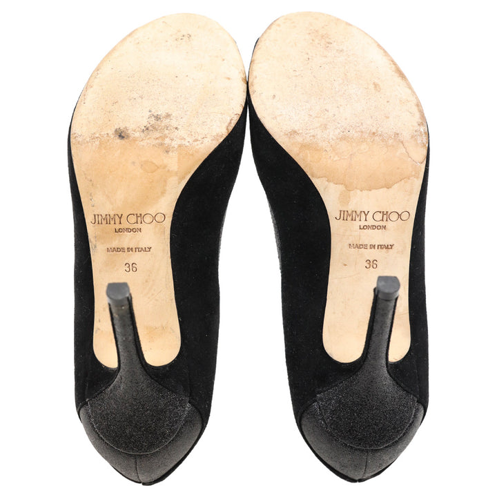 Jimmy Choo Deceive 100 Black Suede Glitter Peep Toe Pumps