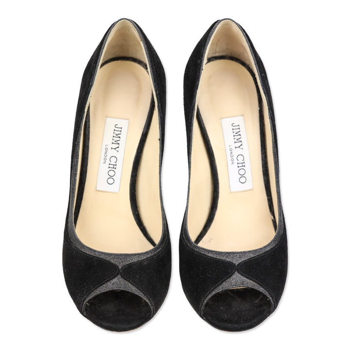 Jimmy Choo Deceive 100 Black Suede Glitter Peep Toe Pumps