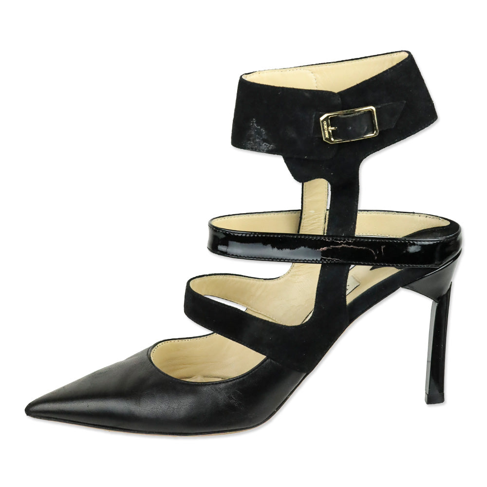 Jimmy Choo Driss Black Leather/Patent/Suede Strappy Sandal