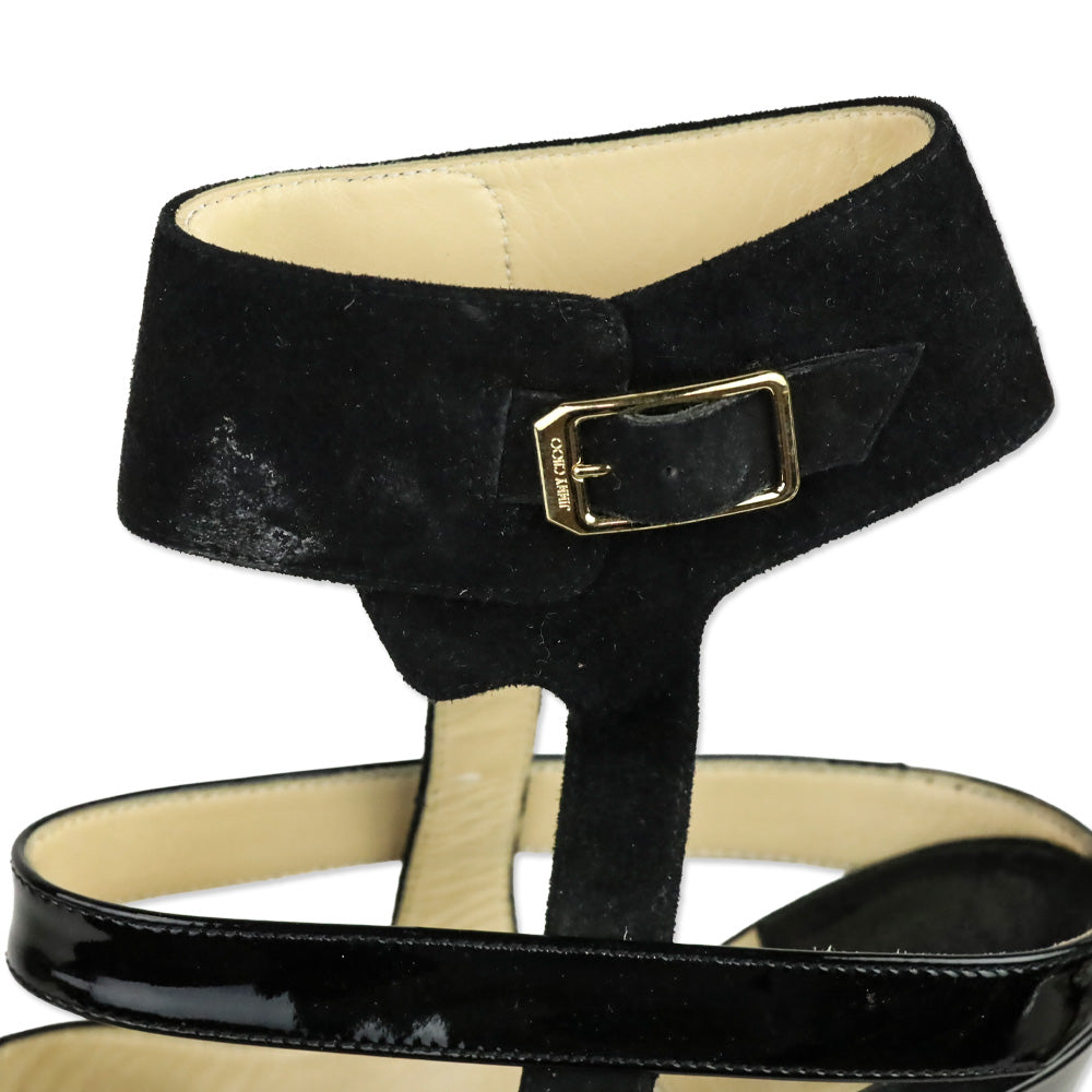 Jimmy Choo Driss Black Leather/Patent/Suede Strappy Sandal