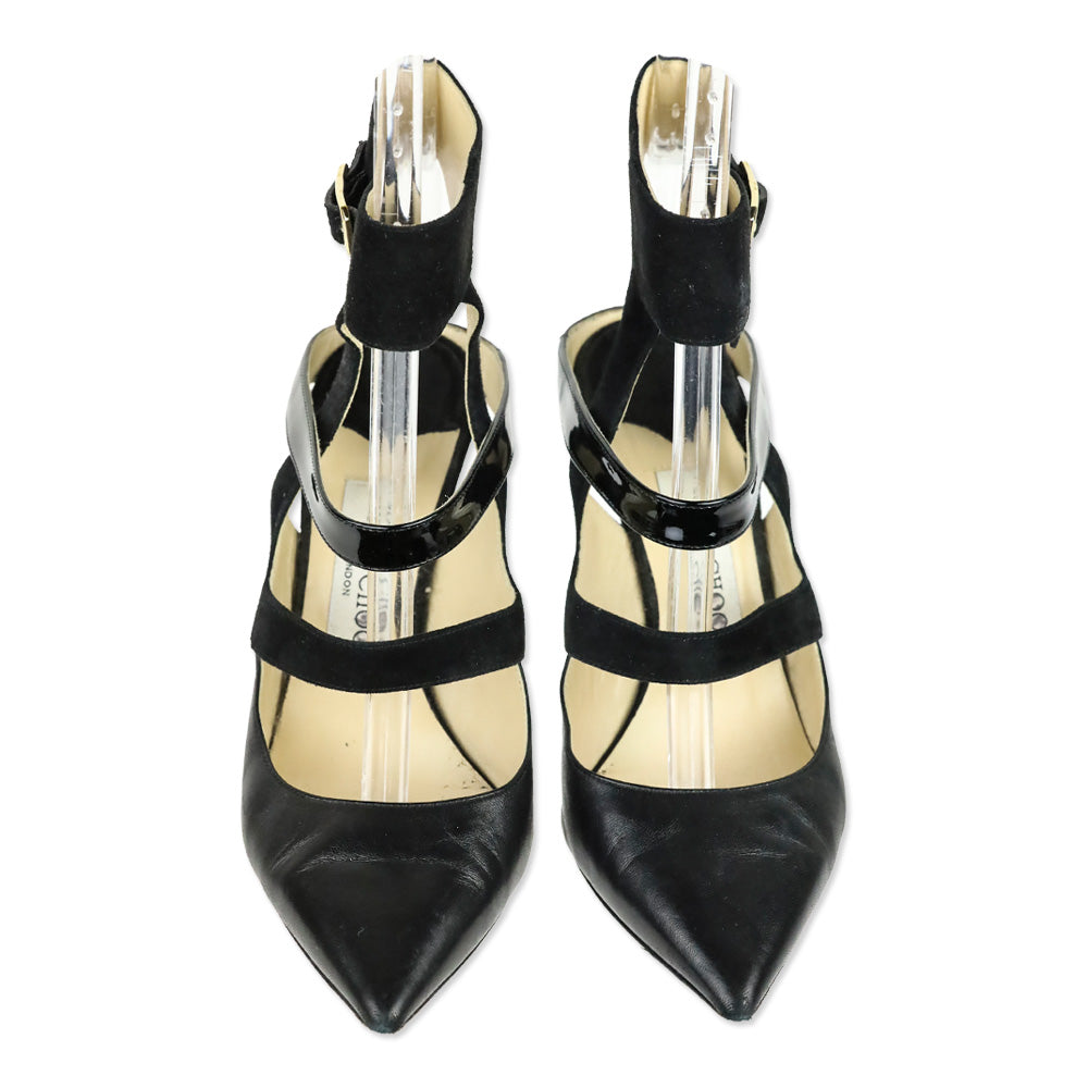 Jimmy Choo Driss Black Leather/Patent/Suede Strappy Sandal