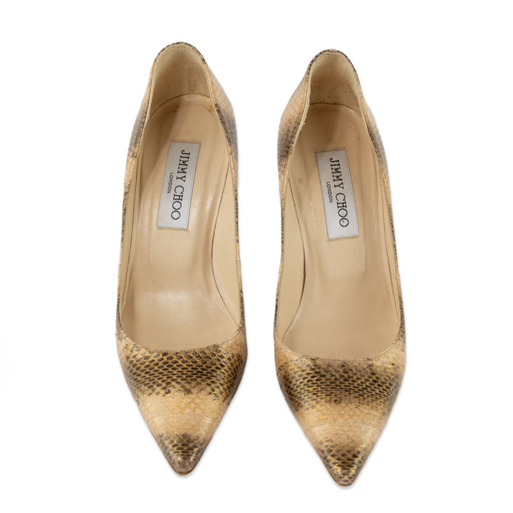 Jimmy Choo Gold Snake Skin Print Pointed Toe Heels