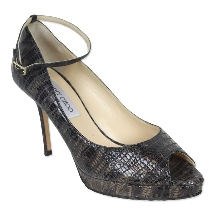 Jimmy Choo Grey Snakeskin Ankle Strap Peep Toe Pumps