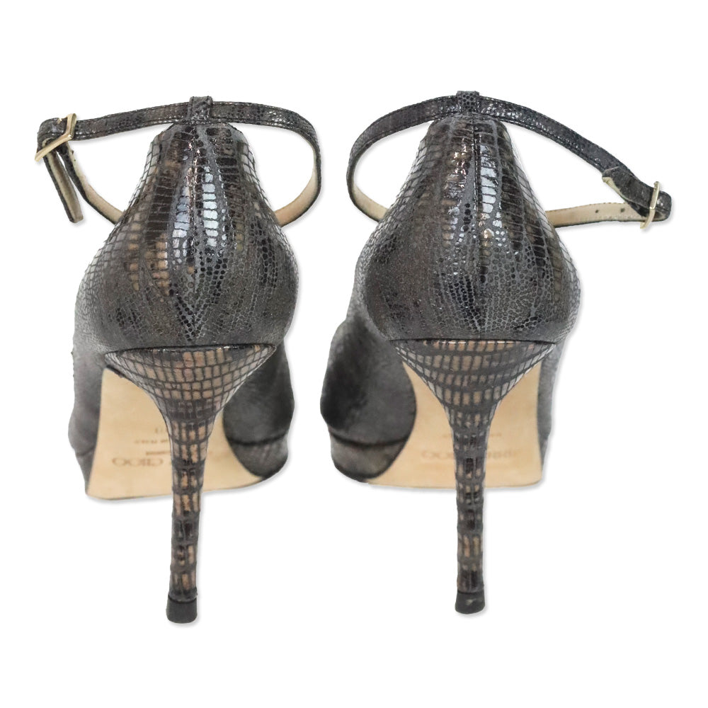 Jimmy Choo Grey Snakeskin Ankle Strap Peep Toe Pumps