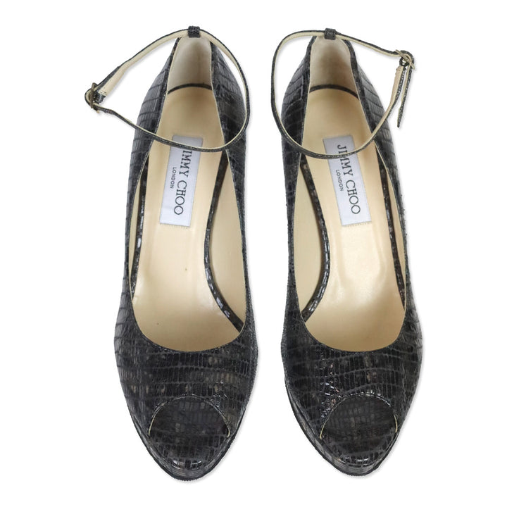 Jimmy Choo Grey Snakeskin Ankle Strap Peep Toe Pumps