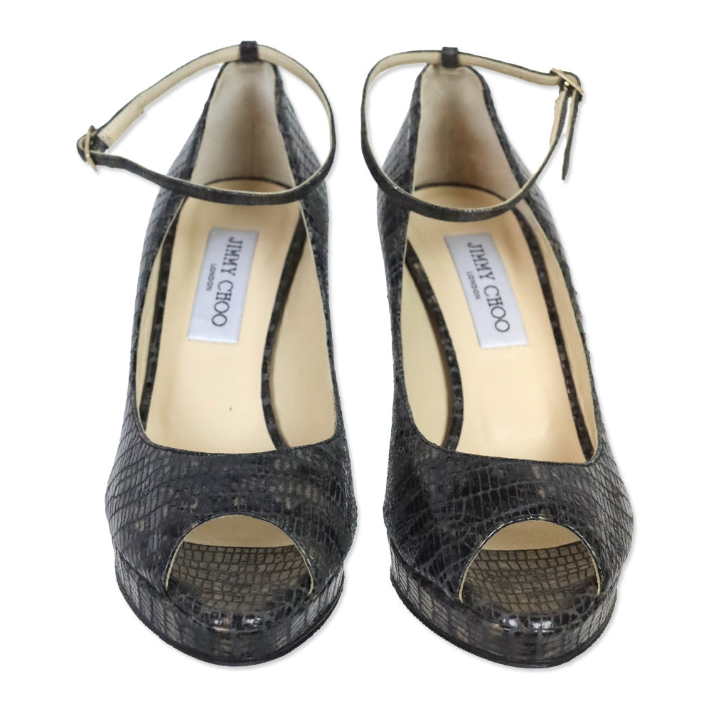 Jimmy Choo Grey Snakeskin Ankle Strap Peep Toe Pumps