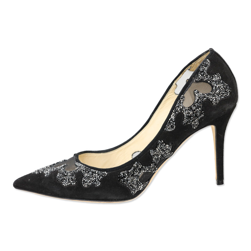 Jimmy Choo Karmel Crystal Embellished Black Suede and Mesh Pump