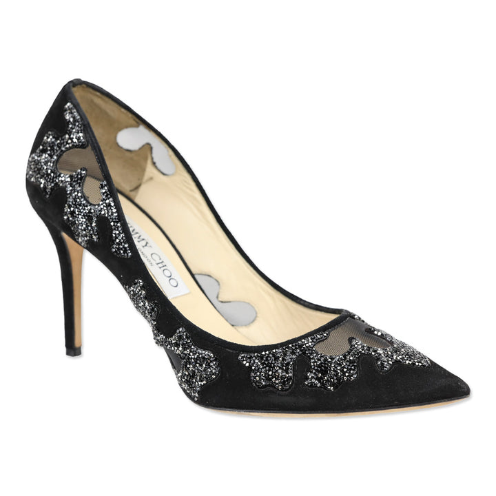 Jimmy Choo Karmel Crystal Embellished Black Suede and Mesh Pump