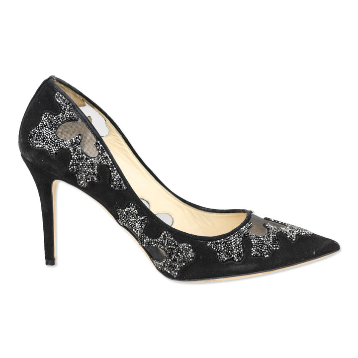 Jimmy Choo Karmel Crystal Embellished Black Suede and Mesh Pump