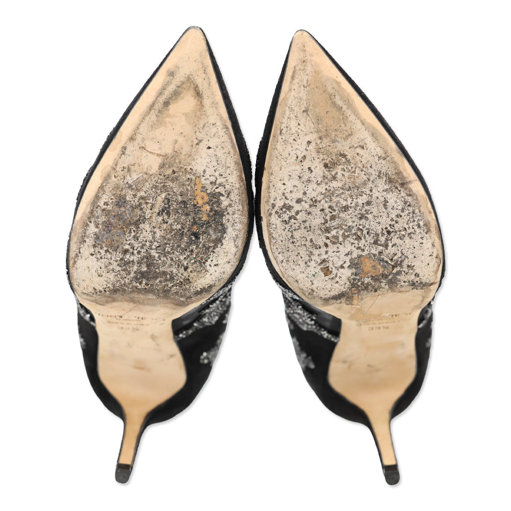 Jimmy Choo Karmel Crystal Embellished Black Suede and Mesh Pump