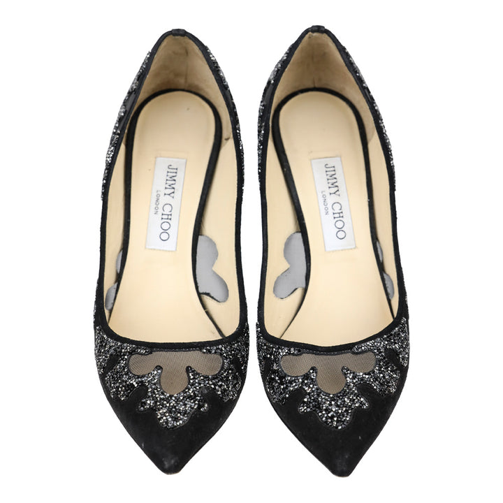 Jimmy Choo Karmel Crystal Embellished Black Suede and Mesh Pump