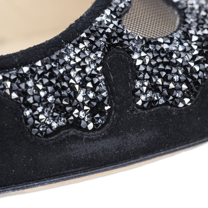 Jimmy Choo Karmel Crystal Embellished Black Suede and Mesh Pump