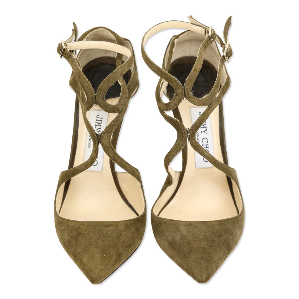 Jimmy Choo Lancer 85 Olive Suede Pump | DBLTKE Luxury Consignment