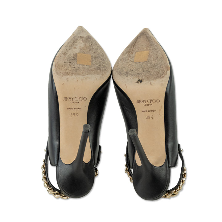 Jimmy Choo Lexx 100 Black Leather Gold Chain Mules