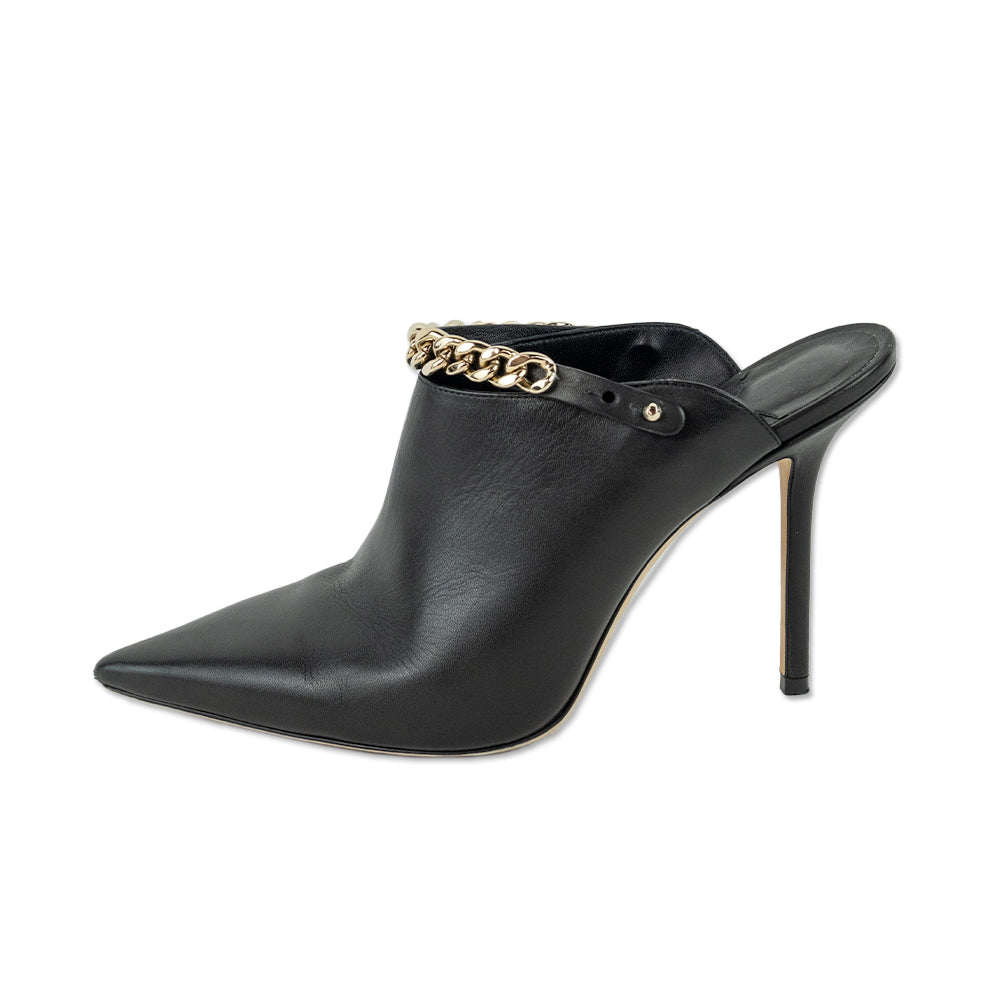 Jimmy Choo Lexx 100 Black Leather Gold Chain Mules