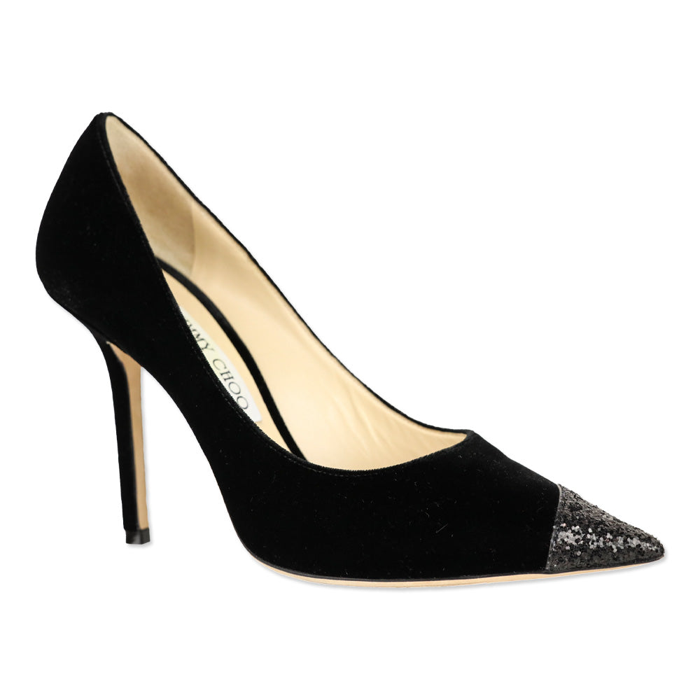 Jimmy Choo Love 100 Black Asymmetrical Velvet/Glitter Pump